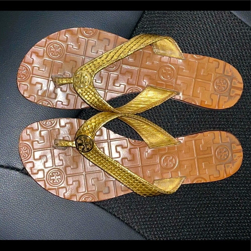 Tory Burch Thora Leather Pewter and Gold Flip Flop